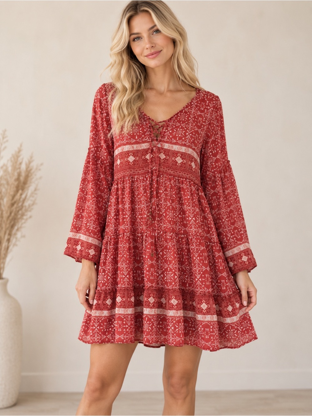 Taylor & Sage Rust Orange Boho Minimalist Floral Lace-Up Mini Dress